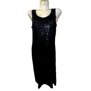 SLINKY BRAND Dress Women's Size L Black Sleeveless Sequin Lace Front Travel Midi